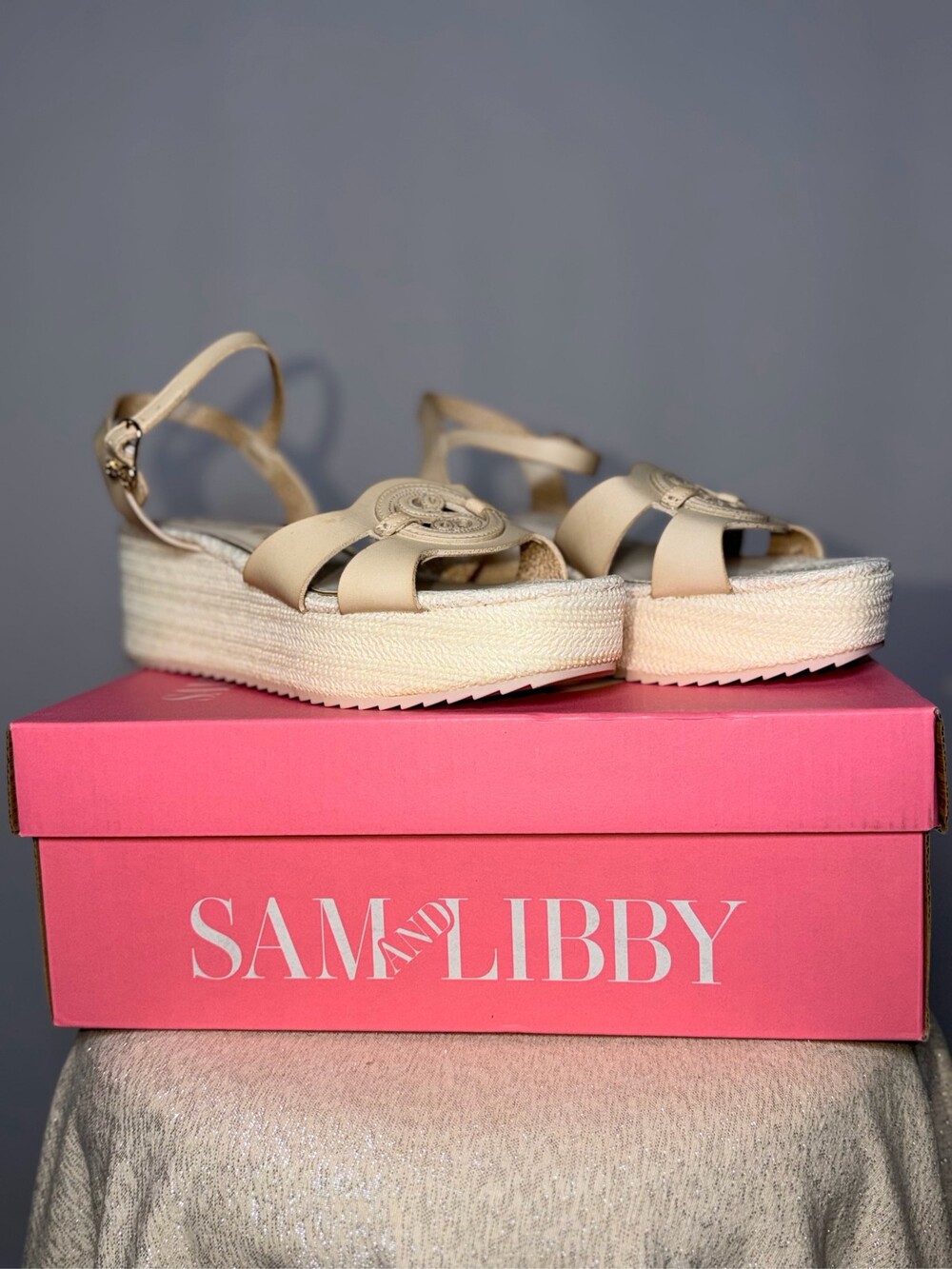 Sam & Libby Women's Cream Platform Espadrille Wedge Ankle Strap Sandals